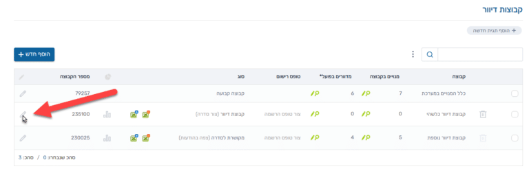 בעמוד הצפיה בקבוצות דיוור, לחצו על לחצן העריכה (סימן העפרון) בשורה של קבוצת הדיוור ממנה אתם רוצים לבצע את ההעברות האוטומטיות.